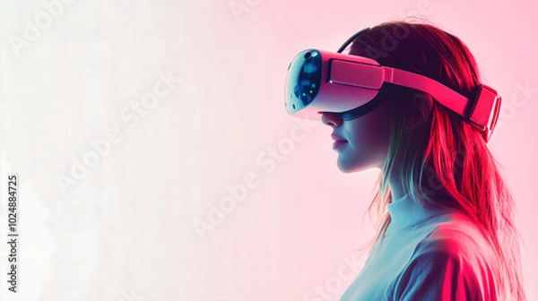 Fototapeta Young Girl Experiencing Virtual Reality with a VR Headset in a Minimalistic White Setting, Representing Future Technology and Immersive Experiences