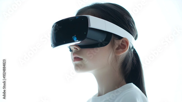 Fototapeta Young Girl Experiencing Virtual Reality with a VR Headset in a Minimalistic White Setting, Representing Future Technology and Immersive Experiences