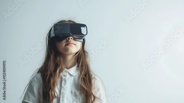 Fototapeta Young Girl Experiencing Virtual Reality with a VR Headset in a Minimalistic White Setting, Representing Future Technology and Immersive Experiences