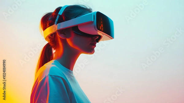 Fototapeta Young Girl Experiencing Virtual Reality with a VR Headset in a Minimalistic White Setting, Representing Future Technology and Immersive Experiences