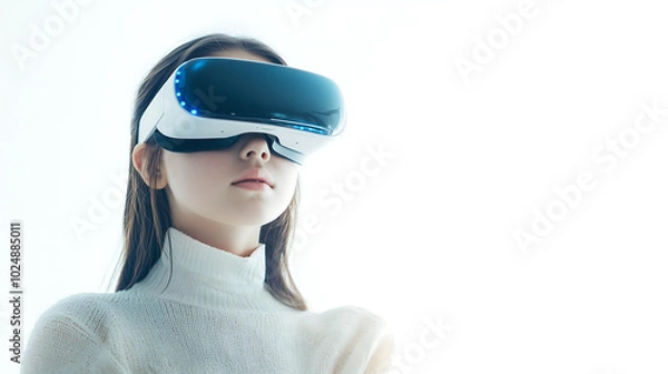 Fototapeta Young Girl Experiencing Virtual Reality with a VR Headset in a Minimalistic White Setting, Representing Future Technology and Immersive Experiences