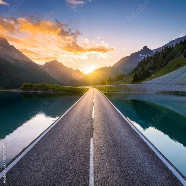 Fototapeta a road in the middle of a mountain lake at sunset