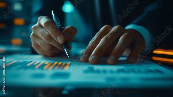 Fototapeta Close-up of Hands Analyzing Financial Data on Paper with a Pen, Representing Business Analysis, Financial Reports, and Decision Making.