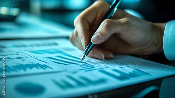 Fototapeta Close-up of Hands Analyzing Financial Data on Paper with a Pen, Representing Business Analysis, Financial Reports, and Decision Making.