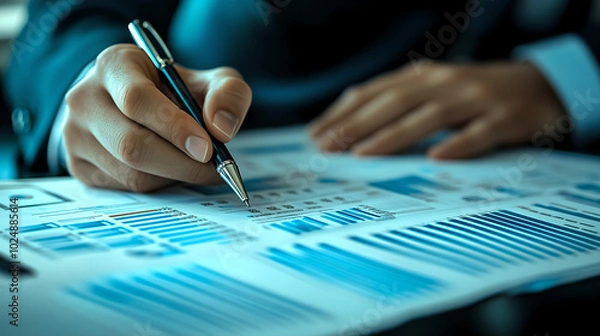 Fototapeta Close-up of Hands Analyzing Financial Data on Paper with a Pen, Representing Business Analysis, Financial Reports, and Decision Making.