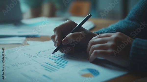 Fototapeta Close-up of Hands Analyzing Financial Data on Paper with a Pen, Representing Business Analysis, Financial Reports, and Decision Making.