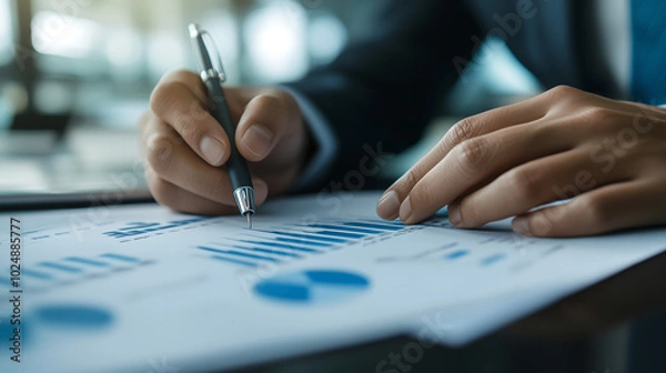 Fototapeta Close-up of Hands Analyzing Financial Data on Paper with a Pen, Representing Business Analysis, Financial Reports, and Decision Making.