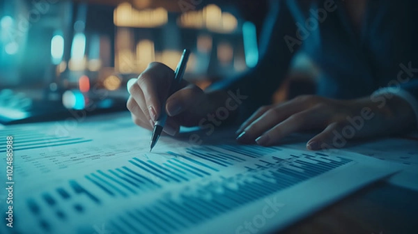 Fototapeta Close-up of Hands Analyzing Financial Data on Paper with a Pen, Representing Business Analysis, Financial Reports, and Decision Making.
