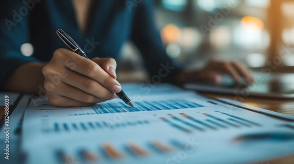 Fototapeta Close-up of Hands Analyzing Financial Data on Paper with a Pen, Representing Business Analysis, Financial Reports, and Decision Making.