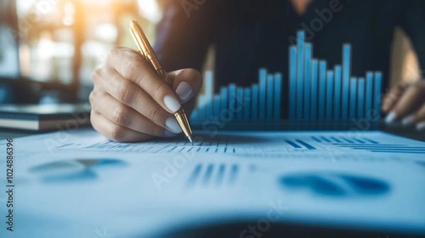 Fototapeta Close-up of Hands Analyzing Financial Data on Paper with a Pen, Representing Business Analysis, Financial Reports, and Decision Making.