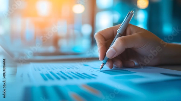 Fototapeta Close-up of Hands Analyzing Financial Data on Paper with a Pen, Representing Business Analysis, Financial Reports, and Decision Making.