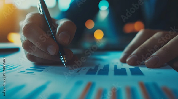 Fototapeta Close-up of Hands Analyzing Financial Data on Paper with a Pen, Representing Business Analysis, Financial Reports, and Decision Making.