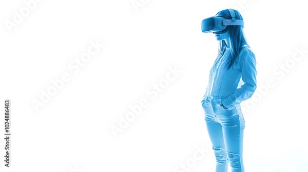 Fototapeta Young Girl Experiencing Virtual Reality with a VR Headset in a Minimalistic White Setting, Representing Future Technology and Immersive Experiences
