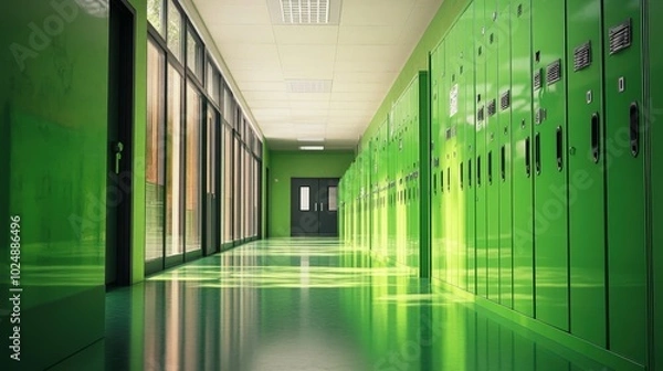 Obraz Green School Hallway with Lockers and Windows