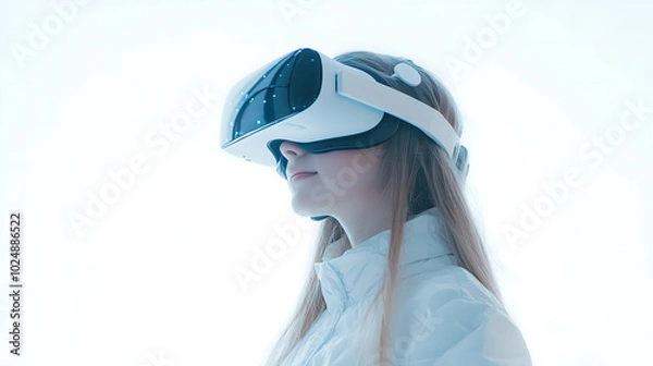 Fototapeta Young Girl Experiencing Virtual Reality with a VR Headset in a Minimalistic White Setting, Representing Future Technology and Immersive Experiences