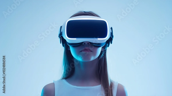 Fototapeta Young Girl Experiencing Virtual Reality with a VR Headset in a Minimalistic White Setting, Representing Future Technology and Immersive Experiences
