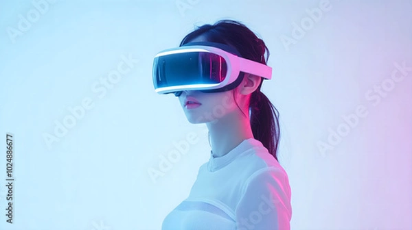 Fototapeta Young Girl Experiencing Virtual Reality with a VR Headset in a Minimalistic White Setting, Representing Future Technology and Immersive Experiences