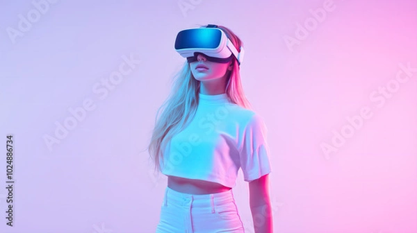 Fototapeta Young Girl Experiencing Virtual Reality with a VR Headset in a Minimalistic White Setting, Representing Future Technology and Immersive Experiences