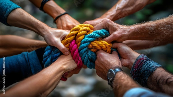 Fototapeta Hands gripping colorful ropes, symbolizing teamwork and unity.