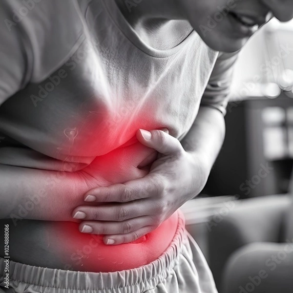 Fototapeta A close-up shot of a person's torso with their hand gripping their stomach,generative ai