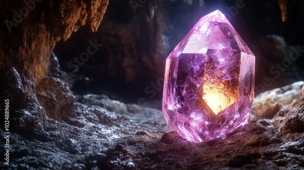 Fototapeta A large, glowing pink crystal sits in a dark cave, illuminated by an inner light.