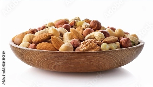 Fototapeta mixed nuts in wooden bowl on white background