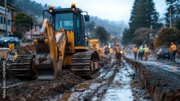 Fototapeta Construction site with machinery working in muddy conditions.