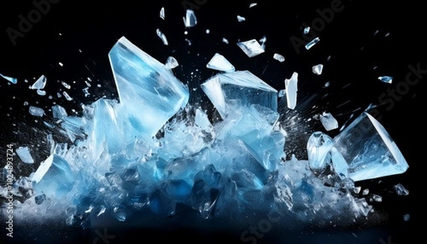 Obraz abstract blue ice crash explosion parts on black background shattered ice fragments dynamic ice burst effect high impact frozen explosion dramatic blue ice visual intense ice impact design