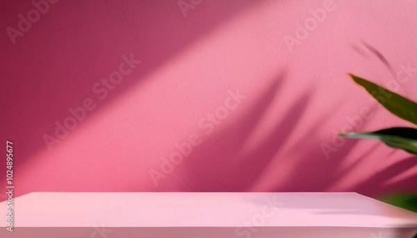 Obraz empty table on bright pink wall background composition with leaves shadow on the wall and pink table mock up for presentation branding products cosmetics food or jewelry