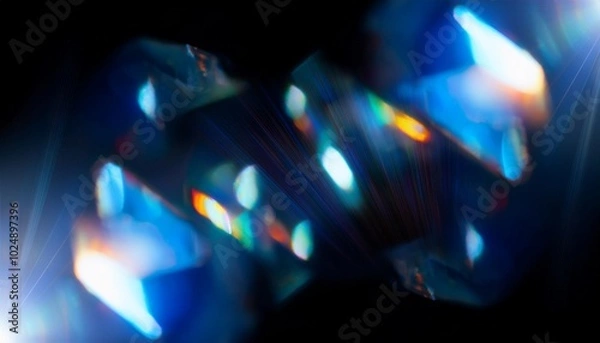 Obraz blue light flare prism rainbow flares overlay effect on black background light crossing crystals prismatic sun catcher reflections rays abstract blurred colourful lens flare bokeh on d generative ai