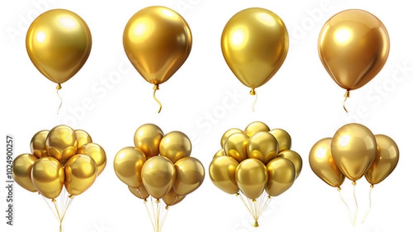 Fototapeta 3d render set of gold balloons isolated on transparent background Cartoon Illustration in plastic style