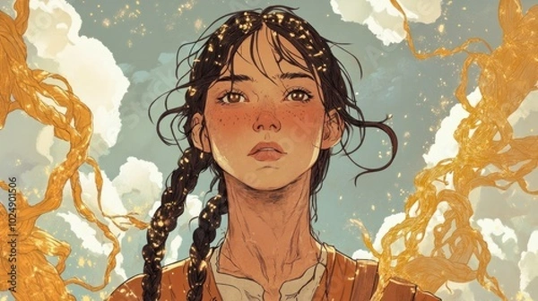 Fototapeta Portrait of a Woman with Braids Against a Cloudy Sky with Gold Dust