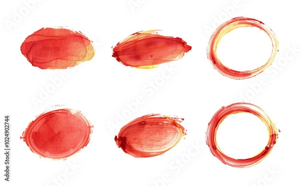 Fototapeta red brush stroke set, oval and circle shape, isolated composition, stylized paint