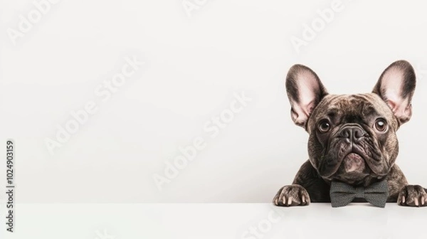 Fototapeta A French bulldog wearing a bowtie, 3D rendering, fun and quirky, isolated on white background