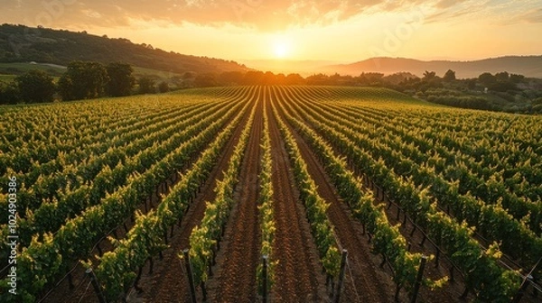 Fototapeta Lush vineyard rows under a golden sunset sky.