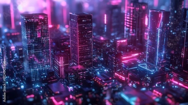Fototapeta A futuristic cityscape with glowing neon lights and buildings.