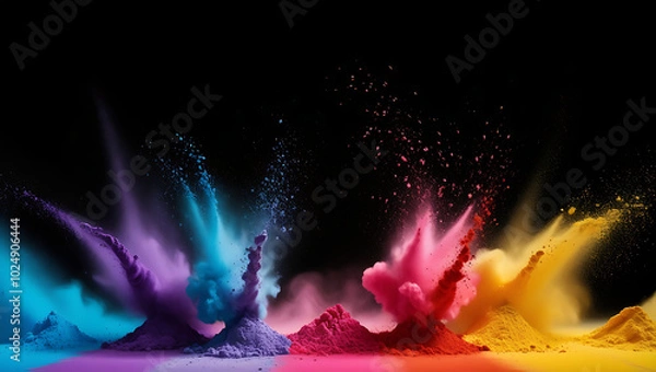 Fototapeta Explosion of colored powder on black background, color powder, powder explosion, colored dust, vibrant colors, powder burst, colorful explosion.