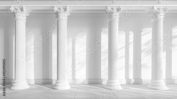 Fototapeta Elegant white columns casting shadows in a bright, minimalist interior space