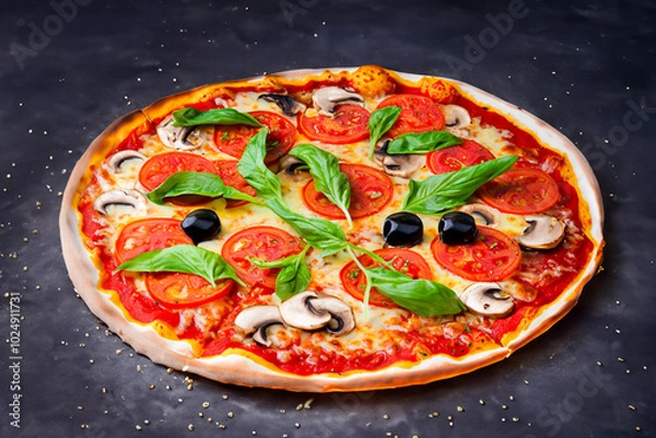 Fototapeta Tasty and beautiful Italian pizza with tomato basil olives mushrooms on black table . Generative AI