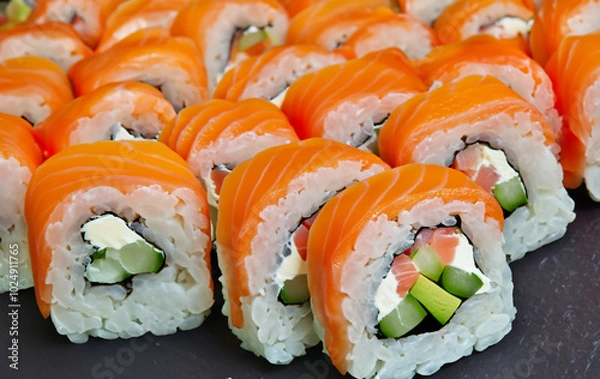 Fototapeta Sushi roll composition with salmon, rice and avocado Generative AI