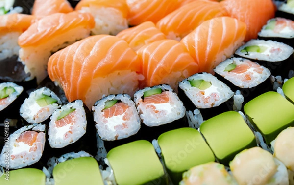 Fototapeta Sushi roll composition with salmon, rice and avocado generative AI