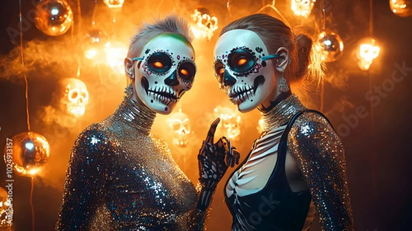 Fototapeta Crazy young people with fancy sequins clothes and masks. Halloween or Day of the dead party