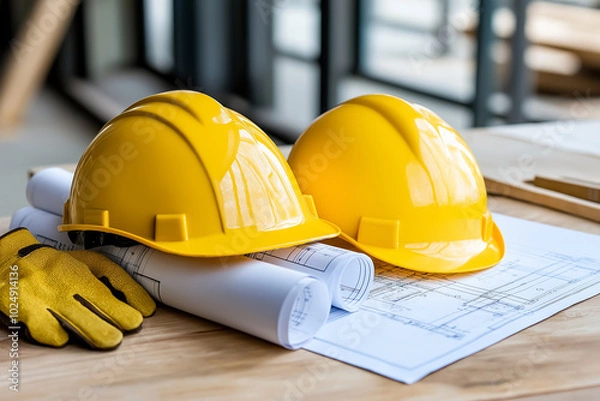 Fototapeta Two yellow hard hats rest on a table with rolled-up blueprints and a pair of gloves, symbolizing construction and planning.
