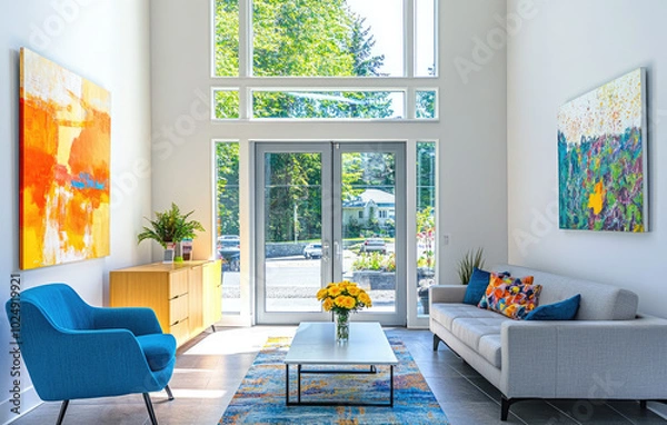 Fototapeta modern and playful small home, bright white walls with accent wall painted in blue color of the year nice large window to outside patio with black steel door
