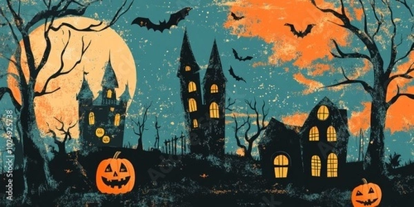 Fototapeta A spooky Halloween night with a full moon, a haunted castle, and jack-o-lantern pumpkins.