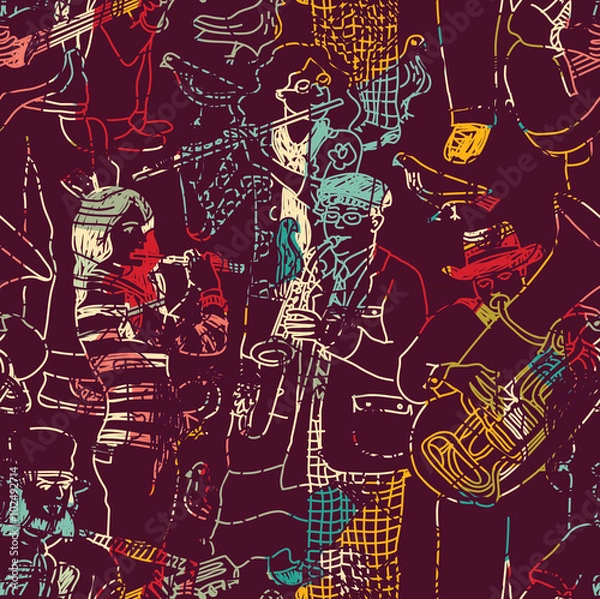 Fototapeta Color music jazz band seamless pattern. 