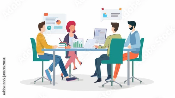 Obraz Collaborative team meeting with diverse professionals discussing strategies and analyzing data. atmosphere is focused and productive, showcasing teamwork and communication