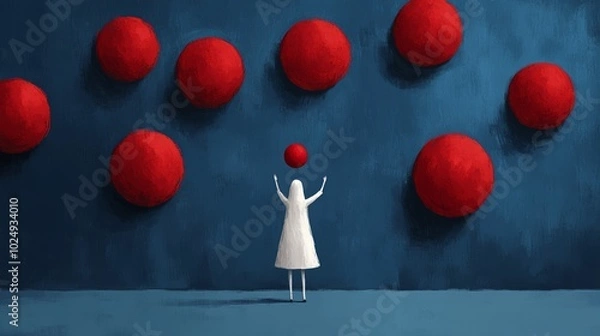 Fototapeta A small figure reaches for a red orb among a cluster of others, symbolizing ambition and striving for goals.