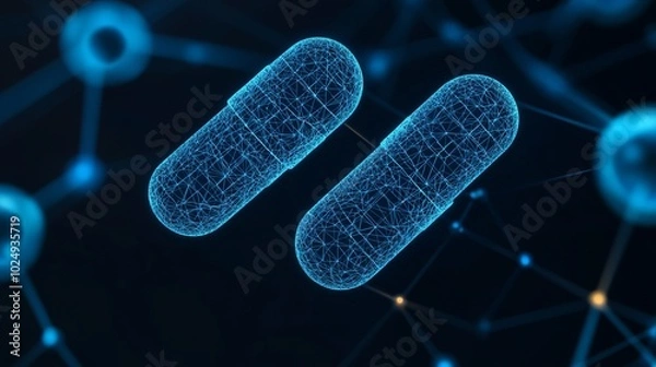 Fototapeta Two blue glowing pills on a dark background with blue and yellow abstract shapes.