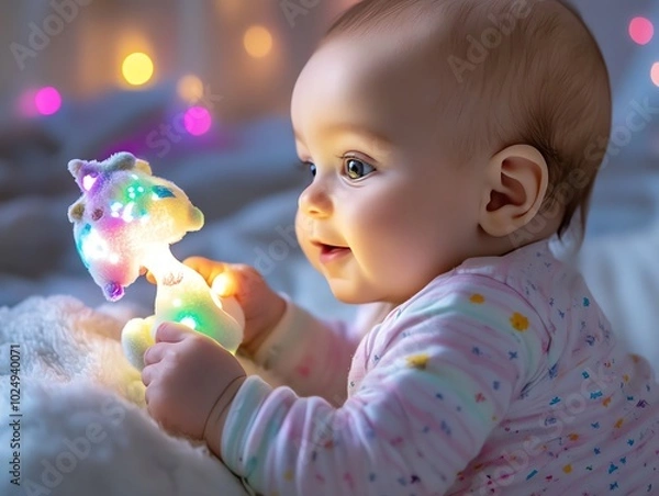 Obraz A joyful baby gazes at a glowing unicorn toy in a cozy setting, surrounded by soft lights, creating a warm and whimsical atmosphere.